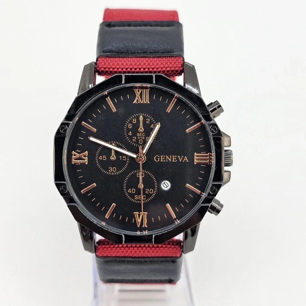 Men's Watch 42MM Black Dial Date Black Red Canvas Band‎ Straps New Battery